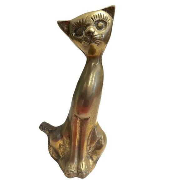 Vtg Mid Century Modern Brass 7" Siamese Cat Statue Figurine MCM - Picture 1 of 6